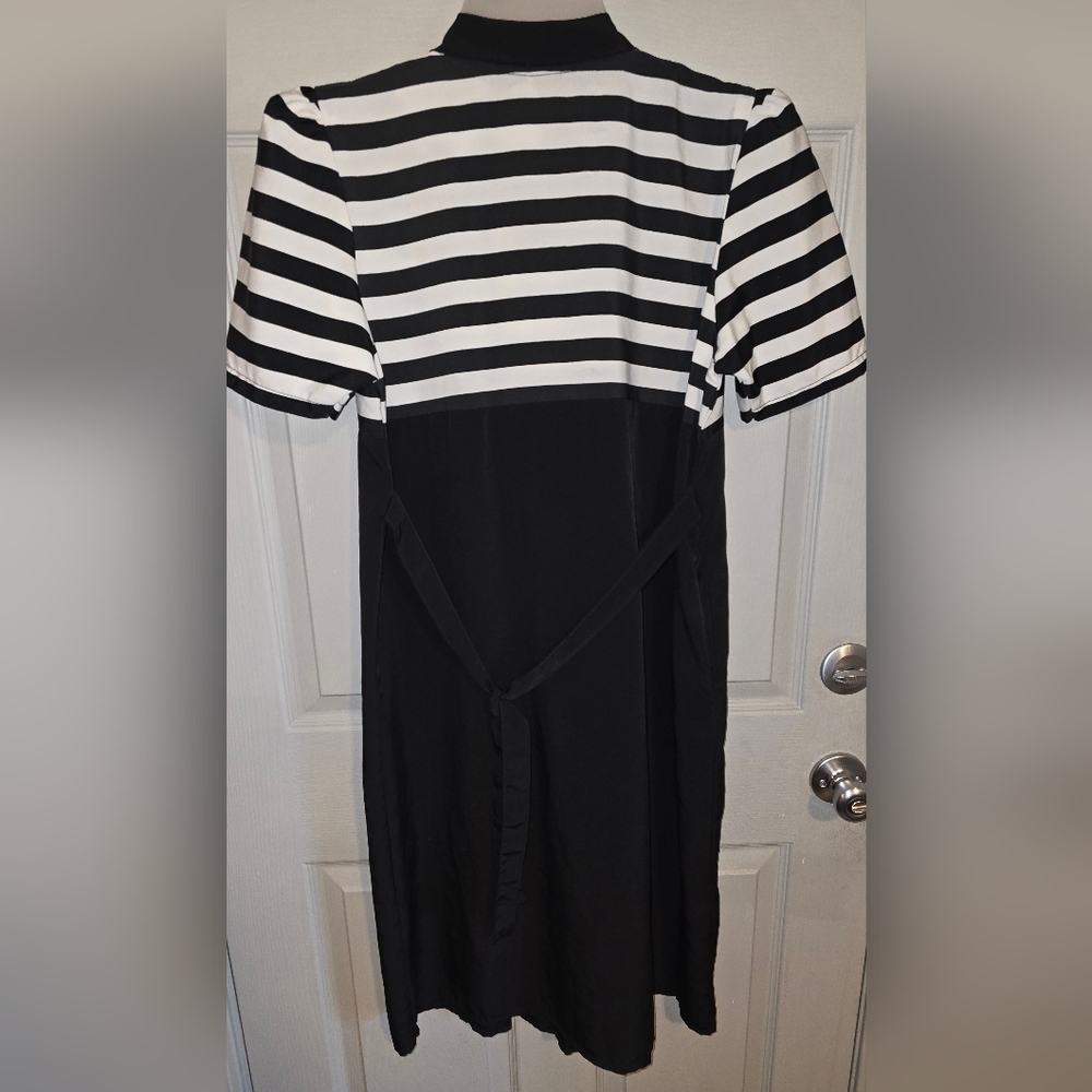 Vintage Ribori Black White Striped Tie Neck Midi Dress Costume Up to Women's L - Picture 10 of 10